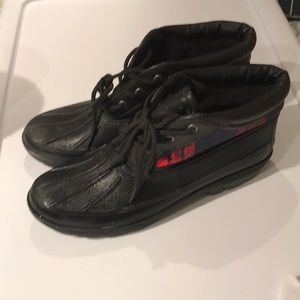 Blue and red plaid snow boots